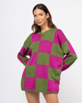 Blusa Tricot Xadrez verde/pink